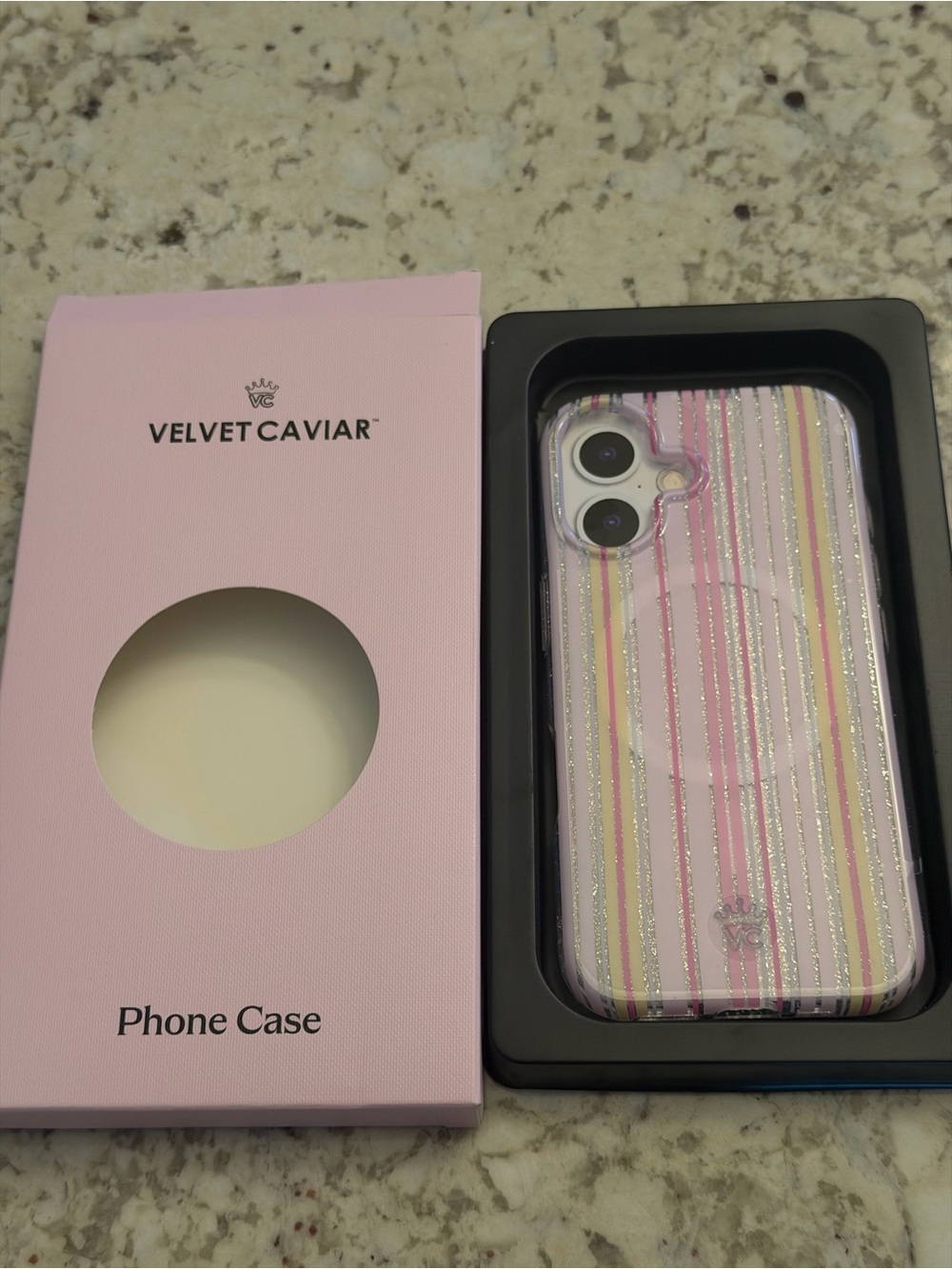 Velvet Caviar Pink & Gold Glitter Striped Phone Case with Ring